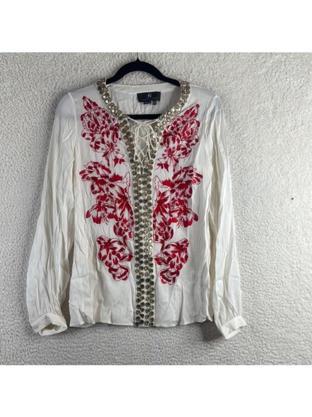 Sachin & Babi Womens White Red Embroidered Embellished Silk Lace-Up Top Size 2